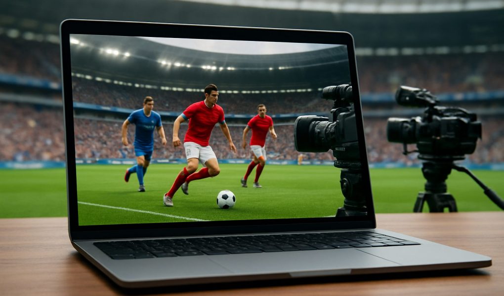 A laptop displaying a soccer game with players in action on a vibrant field
