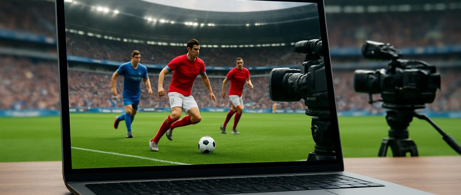 A laptop displaying a soccer game with players in action on a vibrant field