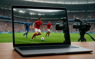 A laptop displaying a soccer game with players in action on a vibrant field