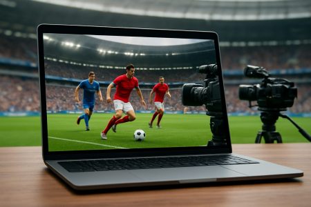 A laptop displaying a soccer game with players in action on a vibrant field