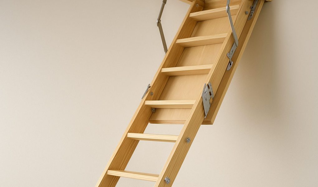 A wooden loft ladder extended downward from a ceiling hatch, showcasing its rungs and hinge mechanism.
