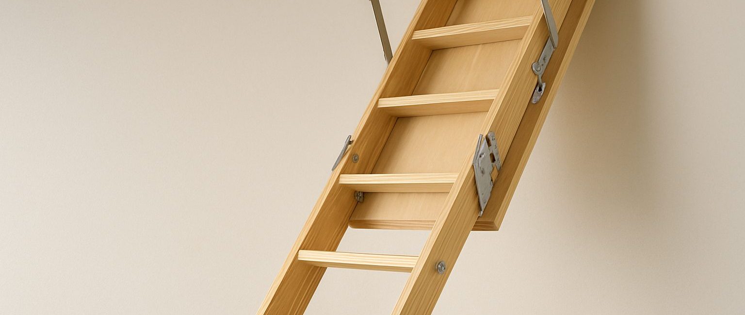 A wooden loft ladder extended downward from a ceiling hatch, showcasing its rungs and hinge mechanism.