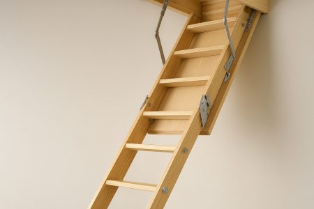 A wooden loft ladder extended downward from a ceiling hatch, showcasing its rungs and hinge mechanism.
